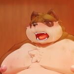  2022 anthro belly big_belly blush bodily_fluids brown_body brown_fur canid canine crying eyes_closed fur kemono male mammal moobs nameko_no_neko nipples obese obese_male overweight overweight_male raccoon_dog solo tanuki tears 