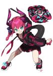  1girl alternate_costume asymmetrical_horns beyblade beyblade_(object) black_jacket black_skirt blue_eyes curled_horns dragon_girl dragon_horns dragon_tail elizabeth_bathory_(fate) elizabeth_bathory_(fate/extra_ccc) fang fate/grand_order fate_(series) finger_cots fishnet_thighhighs fishnets highres hood hooded_jacket horns jacket long_hair long_sleeves miniskirt monkey_jon pink_hair pleated_skirt pointy_ears shoes single_thighhigh skin_fang skirt smile sneakers solo tail thighhighs uneven_horns 