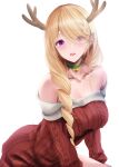  1girl aki_rosenthal antlers blonde_hair braid braided_ponytail breasts choker cleavage fur-trimmed_sweater fur_trim green_choker hair_over_one_eye highres hololive large_breasts long_hair looking_at_viewer maho_(yakimorokoshi) open_mouth purple_eyes red_sweater reindeer_antlers smile solo sweater swept_bangs virtual_youtuber 