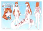 accelo accelo_(character) anthro bell blue_eyes bow_ribbon butt clothed clothing crossdressing felid fluffy fluffy_tail fur genitals girly hair heterochromia hi_res long_hair long_tail male mammal model_sheet orange_hair pantherine penis pink_body pink_fur purple_eyes snow_leopard solo spots tail text tongue tongue_out water