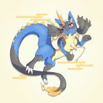  blue_fur chinese_zodiac commentary_request fang full_body highres horns lucario monsterification open_mouth pokemon pokemon_(creature) red_eyes s2o3_chio spikes tail white_background year_of_the_dragon yellow_fur 