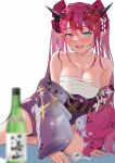  1girl absurdres blue_eyes blush bottle breasts chest_sarashi choko_(cup) cleavage cup flower hair_flower hair_ornament heterochromia highres hololive hololive_english irys_(hololive) irys_(new_year)_(hololive) japanese_clothes kimono large_breasts long_hair looking_at_viewer multicolored_hair official_alternate_costume open_mouth pink_eyes pink_kimono pointy_ears purple_hair purple_kimono red_hair sake_bottle sarashi shift_(shiftillust) solo teeth twintails two-tone_hair two-tone_kimono upper_teeth_only virtual_youtuber white_background 