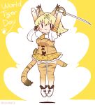 1girl animal_ears animal_print arms_up blonde_hair coroha elbow_gloves extra_ears full_body gloves jumping kemono_friends long_hair looking_at_viewer necktie shirt shoes simple_background skirt smilodon_(kemono_friends) solo sword tail thighhighs tiger_ears tiger_girl tiger_print tiger_tail weapon yellow_background 