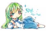  1girl arm_support armpit_peek barefoot blue_skirt blush chibi collared_shirt detached_sleeves frilled_skirt frills frog_hair_ornament from_side green_eyes green_hair hair_ornament kibayashi_kimori kochiya_sanae long_hair looking_at_viewer looking_to_the_side medium_skirt one-hour_drawing_challenge shirt simple_background skirt sleeveless sleeveless_shirt solo touhou white_background white_shirt wide_sleeves 