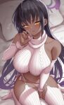  1girl alternate_costume bare_shoulders black_hair blue_archive blush breasts commentary_request detached_sleeves fellatio_gesture from_above halo hand_up highres karin_(blue_archive) large_breasts long_hair long_sleeves looking_at_viewer meme_attire panties parted_lips purple_halo solo sweater thighs turtleneck turtleneck_sweater underwear virgin_destroyer_sweater white_panties yasojima_nejiro yellow_eyes 
