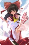  1girl absurdres ascot bare_shoulders black_hair blue_sky bow closed_mouth cloud cloudy_sky commentary crossed_arms detached_sleeves feet_out_of_frame foreshortening frilled_bow frills gohei grey_eyes hair_between_eyes hair_bow hair_ribbon hair_tubes hakurei_reimu highres holding jeiijuu looking_at_viewer nontraditional_miko omikuji outdoors red_bow red_ribbon red_skirt ribbon ribbon-trimmed_sleeves ribbon_trim romaji_commentary sidelocks skirt sky solo touhou wide_sleeves yellow_ascot 