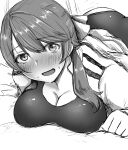  1girl ass blush bow brave_witches breasts cleavage greyscale hair_bow highres jacket jacket_over_swimsuit karibuchi_takami large_breasts liar_lawyer looking_at_viewer lying monochrome on_stomach shiny solo sweatdrop swimsuit world_witches_series 