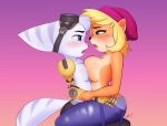 absurd_res activision after_kiss anthro anthro_on_anthro applespicex bandicoot beanie big_breasts blonde_hair blue_eyes blush bodily_fluids bottomwear breast_size_difference breast_squish breasts breasts_frottage clothed clothing coco_bandicoot crash_bandicoot_(series) duo eye_contact eyebrows eyewear eyewear_on_head female female/female fingers fur goggles goggles_on_head gradient_background green_eyes hair hat headgear headwear hi_res lombax looking_at_another mammal marsupial on_lap overalls pants prosthetic prosthetic_arm prosthetic_limb ratchet_and_clank rivet_(ratchet_and_clank) saliva saliva_string side_view signature simple_background sony_corporation sony_interactive_entertainment squish tan_body tan_fur topless white_body white_fur