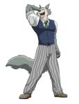 2023 anthro beastars bottomwear canid canine canis clothing digital_media_(artwork) eyes_closed fangs footwear hand_behind_head hi_res legoshi_(beastars) male mammal necktie open_mouth pants school_uniform shoes solo teeth uniform wolf xxsparcoxx