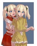  2girls absurdres bandaged_arm bandages black_ribbon blue_background blue_eyes ebonyxh elf hair_ribbon highres lettanya midriff multiple_girls open_mouth original pointy_ears ribbon short_hair siblings side_ponytail simple_background sisters smile tongue white_background white_hair 