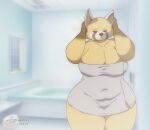 2019 aggretsuko ailurid anthro artist_name bath bathroom belly big_breasts breasts curvy_figure female huge_breasts mammal navel_outline overweight overweight_anthro overweight_female red_panda retsuko sanrio solo steam thick_thighs towel voluptuous wide_hips xxsparcoxx
