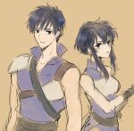  1boy 1girl armor belt black_eyes black_hair breastplate brother_and_sister earrings fire_emblem fire_emblem:_genealogy_of_the_holy_war gloves jewelry larcei_(fire_emblem) looking_at_another open_mouth scathach_(fire_emblem) short_hair shoulder_armor siblings sidelocks simple_background sketch tonton318831 twins 