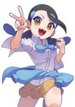  1girl black_hair blue_bow bow breasts brown_eyes candice_(pokemon) collared_shirt commentary highres holding holding_poke_ball medium_breasts medium_hair omochi_(omotimotittona3) open_mouth poke_ball pokemon pokemon_dppt shirt simple_background skirt smile solo standing standing_on_one_leg symbol-only_commentary teeth twintails v white_background white_shirt yellow_skirt 