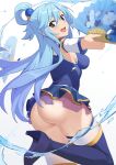  1girl absurdres aqua_(konosuba) ass blue_eyes blue_footwear blue_hair blue_shirt blue_skirt blush boots breasts detached_sleeves from_side hair_between_eyes hair_ornament hand_fan high_heel_boots high_heels highres holding holding_fan kono_subarashii_sekai_ni_shukufuku_wo! long_hair looking_at_viewer medium_breasts miniskirt no_panties open_mouth outstretched_arms shirt simple_background single_hair_ring skirt sleeveless sleeveless_shirt smile solo spread_arms standing standing_on_one_leg thigh_boots thighhighs thighhighs_under_boots turning_head very_long_hair water white_background white_sleeves white_thighhighs xubai 