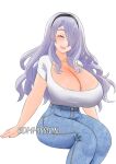  1girl breasts camilla_(fire_emblem) closed_eyes collarbone denim fire_emblem genm7 highres huge_breasts jeans open_mouth pants simple_background smile solo 