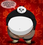 2015 anthro bear belly big_belly black_body black_fur blue_eyes bottomwear clothed clothing dreamworks english_text footwear fur giant_panda hi_res kung_fu_panda male mammal master_po_ping navel obese obese_anthro obese_male open_mouth overweight overweight_anthro overweight_male pants speech_bubble text white_body white_fur xxsparcoxx