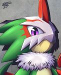anthro bandai_namco beak claws digimon digimon_(species) esmoru99 fluffy_chest green_body head_turned horn looking_at_viewer male mask purple_eyes unknown_species
