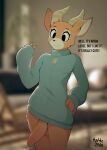 animal_crossing antelope anthro artist_name balls beau_(animal_crossing) big_penis blurred_background bottomless bottomless_anthro bottomless_male bovid brown_body brown_fur clothed clothing dialogue english_text erection fur genitals girly hi_res hoodie hoodie_only horn humanoid_genitalia humanoid_penis male mammal marblesoda nintendo penis solo text topwear topwear_only