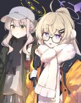  2girls black-framed_eyewear blonde_hair blue_archive blush closed_mouth earmuffs glasses green_eyes grey_hair halo hare_(blue_archive) hare_(camp)_(blue_archive) hat highres kiyakyuu kotama_(blue_archive) kotama_(camp)_(blue_archive) long_hair multiple_girls official_alternate_costume official_alternate_hairstyle open_mouth ponytail purple_eyes purple_halo white_headwear 