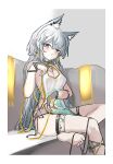  1girl :o animal_ear_fluff animal_ear_piercing animal_ears arknights bare_shoulders blush breasts cat_ears cat_tail cleavage cleavage_cutout clothing_cutout covered_nipples dress earrings extra_ears fingerless_gloves gloves green_eyes grey_gloves hair_between_eyes hand_up highres jewelry long_hair looking_at_viewer pelvic_curtain rosmontis_(arknights) shirt sitting sleeveless sleeveless_shirt small_breasts solo tail tassel tassel_earrings very_long_hair whate=3r white_dress 