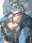 absurd_res anthro asian_clothing belly blue_body body_hair chest_hair clothing dragon east_asian_clothing facial_hair hair hi_res horn japanese_clothing kimono lifewonders looking_at_viewer male mature_male musclegut okentya pecs qinglong solo tokyo_afterschool_summoners umbrella whiskers white_hair yellow_eyes