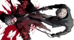  2boys black_gloves coat dante_(devil_may_cry) devil_may_cry_(series) gilver gloves gun highres holding holding_weapon jacket long_hair male_focus multiple_boys red_coat sword weapon wenwen_0902 white_hair 