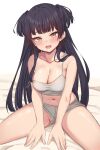  1girl black_hair blunt_bangs blush breasts brown_eyes camisole cleavage grey_camisole highres idolmaster idolmaster_shiny_colors large_breasts long_hair looking_at_viewer mayuzumi_fuyuko open_mouth panties panties_under_shorts panty_peek short_shorts shorts simple_background sitting solo spread_legs strap_slip two_side_up underwear upshorts ushimizu white_background white_panties 