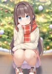  1girl absurdres blue_eyes blurry blurry_background blush brown_hair christmas christmas_ornaments christmas_tree hand_on_lap hand_on_own_cheek hand_on_own_face head_tilt highres hoshimitooni long_hair long_sleeves looking_at_viewer open_mouth original panties pantyshot plaid plaid_scarf plaid_skirt pleated_skirt scarf shoes skirt sleeves_past_wrists sneakers solo squatting tree underwear very_long_hair 