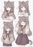 absurdres animal_ears blue_eyes brown_hair brown_skirt cat_ears coffee colon_br cup expressions fang glasses highres holding holding_cup multiple_views original skin_fang skirt white_background 