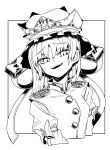  1girl buttons commentary cropped_torso epaulettes frilled_hat frills greyscale hair_between_eyes hat highres ichirugi long_sleeves looking_at_viewer medium_bangs monochrome open_mouth shiki_eiki short_hair simple_background sleeve_bow slit_pupils smile solo touhou upper_body vest 