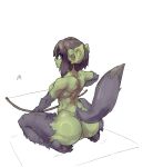 absurd_res animal_humanoid black_hair bow_(weapon) breasts butt canid canine digital_media_(artwork) ear_piercing female fur genitals giavanna_(saulthefurry) goblin green_body green_skin grey_body grey_fur hair hi_res humanoid humanoid_pointy_ears looking_at_viewer mammal nude pawpads piercing purple_eyes pussy ranged_weapon short_hair short_stack simple_background sintet6 sitting solo tail target weapon