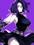 1girl arm_cannon artist_name bare_shoulders belt black_dress boku_no_hero_academia breasts closed_mouth dress english_commentary frown hand_in_own_hair highres lady_nagant large_breasts looking_at_viewer miss_faves pink_hair purple_eyes purple_hair purple_theme short_hair sleeveless sleeveless_turtleneck_dress solo utility_belt weapon 