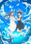  2girls ahoge alternate_costume animal_ear_fluff animal_ear_piercing animal_ears back_bow barefoot black_dress blue_eyes blue_hair blue_sky bow bubble cloud commentary_request dog_ears dog_girl dress dual_persona earrings expressionless full_body hair_bow holding_hands interlocked_fingers jewelry long_hair looking_at_viewer lovermoonlight medium_bangs multiple_girls nanashi_inc. open_mouth red_bow short_hair single_earring sky smile souya_ichika v-shaped_eyebrows virtual_youtuber waist_bow white_bow white_dress 