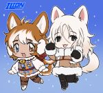  1boy 1girl :3 animal_ears animal_hands black_eyes black_footwear black_pants blue_background blue_eyes blue_jacket boots brown_coat brown_eyes brown_hair brown_pants chest_harness chibi coat collar colored_tips dog_boy dog_ears dog_girl dog_tail english_commentary full_body fur-trimmed_jacket fur-trimmed_pants fur-trimmed_sleeves fur_collar fur_trim gloves gradient_background hair_between_eyes hands_up harness heterochromia jacket lapithai long_sleeves looking_at_viewer multicolored_hair no_pupils open_mouth original pants paw_gloves paw_pose plaid plaid_jacket puffy_long_sleeves puffy_sleeves red_collar samoyed_(dog) simple_background snow standing standing_on_one_leg tail tongue tongue_out welsh_corgi white_footwear white_gloves white_hair 