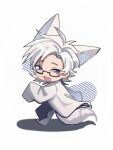  1boy :3 absurdres animal_ears ashao35846 blue_eyes chinese_commentary commentary_request fox_boy fox_ears fox_tail glasses highres kanou_aogu kemonomimi_mode lab_coat long_sleeves male_focus open_mouth rectangular_eyewear running saibou_shinkyoku semi-rimless_eyewear short_hair single_blush_sticker sleeves_past_fingers sleeves_past_wrists solo tail white_hair 