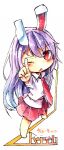  1girl animal_ears barefoot blush chibi collared_shirt full_body hair_between_eyes kibayashi_kimori long_hair looking_at_viewer necktie no_shoes no_socks one-hour_drawing_challenge one_eye_closed open_mouth pleated_skirt pointing pointing_at_viewer purple_hair rabbit_ears red_eyes red_necktie red_skirt reisen_udongein_inaba shirt simple_background skirt solo touhou v-shaped_eyebrows very_long_hair white_background white_shirt 