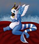 absurd_res anthro blep blue_body blue_eyes blue_fur blue_hair dutch_angel_dragon ear_tuft fur fur_markings hair hi_res hunamarts inner_ear_fluff invalid_tag male markings pillow rasputin_(dutchy) solo tail tongue tongue_out tuft white_body white_fur wings yellow_nose_horn yellow_tongue