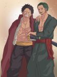  2boys aged_up black_eyes black_hair clenched_teeth commentary_request earrings facial_hair green_hair highres jewelry katana male_focus monkey_d._luffy multiple_boys one_eye_closed one_piece open_clothes open_mouth roronoa_zoro scar scar_on_cheek scar_on_chest scar_on_face short_hair single_earring smile suzu_(suzuran_piece) sword teeth weapon 
