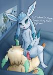 anthro blue_background blush bodily_fluids breath canid duo eeveelution english_text female furniture generation_4_pokemon genital_fluids glaceon hi_res knot leafeon male male/female mammal nintendo panting penetration pokemon pokemon_(species) pussy_juice simple_background sofa text vaginal vaginal_penetration
