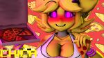 2023 animatronic anthro avian big_breasts blonde_hair blush bracelet breasts chica_(cally3d) chica_(fnaf) clothing detailed_background digital_drawing_(artwork) digital_media_(artwork) feathers female five_nights_at_freddy&#039;s food hair hi_res jewelry looking_at_viewer machine pizza purple_eyes raynkyper robot scottgames slice_of_pizza smile solo text topwear yellow_body yellow_feathers
