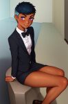  1girl ai-generated dark-skinned_female dark_skin freckles multicolored_hair non-web_source nose_piercing original piercing purple_eyes riley_fairfeather short_hair solo tomboy tuxedo two-tone_hair very_short_hair 