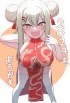  1girl :d absurdres akitokage bare_shoulders blush breasts brown_eyes china_dress chinese_clothes double_bun dragon_print dress fang green_hair hair_bun highres large_breasts leaning_forward looking_at_viewer mole mole_under_mouth original skin_fang smile solo thighhighs white_thighhighs 