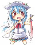  1girl adapted_costume black_headwear blue_hair blush bow bowtie character_name hair_between_eyes happy hat hinanawi_tenshi holding holding_sword holding_weapon kibayashi_kimori leaf_hat_ornament long_hair looking_at_viewer no_apron one-hour_drawing_challenge open_mouth peach_hat_ornament red_bow red_bowtie red_eyes shirt simple_background skirt sleeveless sleeveless_shirt smile solo sword sword_of_hisou touhou very_long_hair weapon white_background white_shirt 
