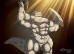 2018 abs anthro armor axe crocodile crocodilian crocodylid digital_media_(artwork) leather leather_armor male muscular muscular_anthro muscular_male pteruges reptile reyak_(xxsparcoxx) scalie sculpture shield solo statue weapon xxsparcoxx