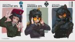  3girls absurdres animal_ear_fluff animal_ears beret black_hair cat_ears emblem english_commentary english_text gas_mask gloves hand_gesture hat headphones highres mask military military_uniform multiple_girls original polilla short_hair sunglasses tank_helmet uniform vest 