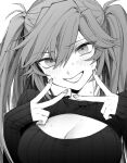  1girl blush breasts cleavage cleavage_cutout clothing_cutout double_v fingernails greyscale grin hair_between_eyes highres large_breasts long_hair long_sleeves looking_at_viewer maki_keigo meme_attire monochrome open-chest_sweater original ribbed_sweater sidelocks simple_background sleeves_past_wrists smile solo sweat sweater twintails upper_body v 