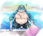 anthro beard belly belly_tuft blue_body body_hair chest_hair custardalvis dragon exclamation_point facial_hair food fruit happy_trail hi_res horn hungry lifewonders male mature_male musclegut nipples peach_(fruit) pecs plant qinglong solo swimming_pool tokyo_afterschool_summoners tuft