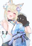  1girl absurdres animal_ear_fluff animal_ears animal_hands ayumi_(ayumi05888572) blonde_hair blue_hair blue_kimono blush breasts dog_ears dog_girl dog_paws fangs fuwawa_abyssgard fuwawa_abyssgard_(new_year) gloves highres hololive hololive_english japanese_clothes kimono large_breasts long_hair looking_at_viewer multicolored_hair neck_tassel official_alternate_costume open_mouth paw_gloves paw_pose sash sideboob sideless_kimono skin_fangs streaked_hair virtual_youtuber 
