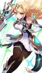  1girl aegis_sword_(xenoblade) aqua_gemstone arm_guards bare_shoulders black_pantyhose blonde_hair breasts chest_jewel closed_mouth commentary_request dress drop_earrings earrings elbow_gloves gem gloves highres jewelry large_breasts long_hair microdress mythra_(massive_melee)_(xenoblade) mythra_(xenoblade) neon_trim nintendo norimaki_(nrmk_norinori) pantyhose sleeveless sleeveless_dress smile solo super_smash_bros. swept_bangs thigh_strap tiara very_long_hair white_dress xenoblade_chronicles_(series) xenoblade_chronicles_2 yellow_eyes 