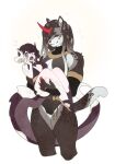  2girls au_ra black_sclera breasts carrying cleavage colored_sclera cookie_hana cropped_legs dragon_horns dragon_tail dreadlocks fangs final_fantasy final_fantasy_xiv furry furry_female highres horns hrothgar multiple_girls princess_carry simple_background single_horn smile surprised tail tall_female warrior_of_light_(ff14) 